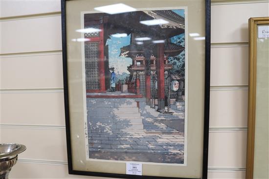 A Japanese woodblock print of a temple